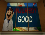 A person in a Dr. Amigo costume with a caption saying, "INJURED? GOOD" next to them and Peach's Castle in Mario 64 in the background.