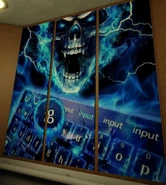 A skeleton engulfed in blue flames with a flaming on-screen keyboard highlighting the letter "g".