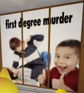 A kid punching another one laying on the floor with another one doing a thumbs up to the viewer, with caption that says "first degree murder".