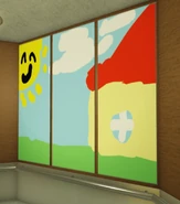 A poor representation of a house and a grassy outside, featuring a sun with a happy face.