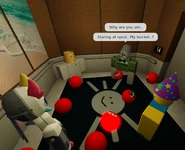 Red Teddies in the elevator with Lampert, Spud!, Prototype, and PartyNoob.