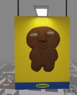 A sign with an uncanny gingerbread cookie on it.