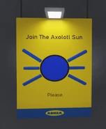 A sign with a faceless Axolotl Sun logo on it with "Join The Axolotl Sun" written above and "Please." written below it.