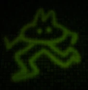 Graffiti of a lime green cat head with 2 small arms and 2 large legs. It appears to be running.