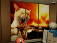 A cat with a wide-mouthed evil expression holding an AK-47 rifle, with fire in the background.