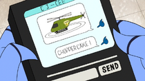 S6E20.085 Mordecai Texting the Chopper Cake Photo