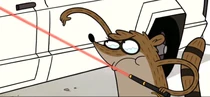 Rigby lanzando su laser