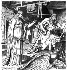 Bodvild presents the broken ring to the bandaged and crutched Wayland the Smith, 1901 illustration by Johannes Gehrts.