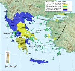 The Theban hegemony power blocks in Greece in the decade up to 362 BCE.
