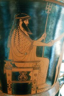 Poseidon is depicted on this piece of Greek pottery from the 5th century BCE, now in the Cabinet des Medailles, Paris.