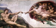 Michelangelo, God creating Adam, fresco, showing the iconic representation of God's connection with humankind through Adam. c.1510