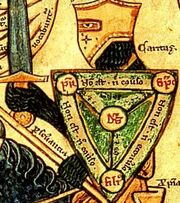 Detail of a manuscript illustration depicting a knight carrying the "Shield of the Trinity
