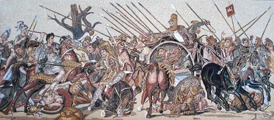The Battle of Issus, between  on horseback to the left, and Darius III in the chariot to the right, represented in a Pompeii mosaic dated 1st century BCE – Naples National Archaeological Museum.