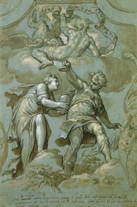 Pandora Offers the jar to Epimetheus, 16th century drawing by Paolo Farinati.