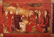 Debate between Catholics (left) and Oriental Christians (right) in the 13th century. Acre, circa 1290.