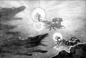 The Wolves Pursuing Sol and Mani, 1909 illustration by John Charles Dollman.