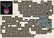 The blue line shows the fastest path to complete the quest; the white dots mark the Clampbrights (also showed on top left) and the red ex's show the path the player should avoid. The yellow square shows the circuit breaker.