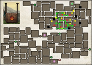Blue square indicates Cody's location. Yellow squares are ; red squares mark each of the crates where the  should be lured into