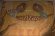 A painting of Taxman with fire imagery around him.