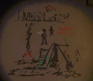 Graffiti showing a human group settlement with the phrase "Human? find us".