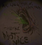Graffiti depicting Spewer, it has the words "We call them spewers" and "they're NOT NICE".