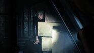 Claire finds Sherry hiding in the stack of boxes from the mutated William Birkin