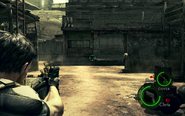 Chris aims the P226 on the PC version of the game, as denoted by the presence of a crosshair.