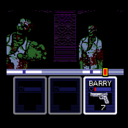 Battle screen. The red 'crosshairs' constantly moves left and right; the player must 'shoot' while it is within the white target bars.