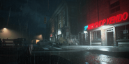 The streets of Raccoon City outside of Gun Shop Kendo.