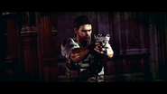 Chris aiming his gun at Wesker.