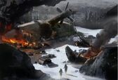 Concept art in a snowy locale, showing a destroyed aircraft.