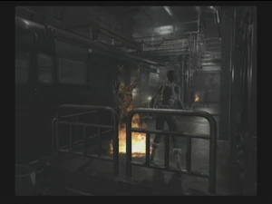 Rebecca Chambers vor der Seilbahn mit Leech-Zombie