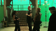 Jill (Hannah), Wesker (Tom), and Richard (Chad) on the set of the mansion's front hall.