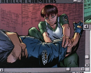 Rebecca performs first-aid on a comrade during Wesker's intro.