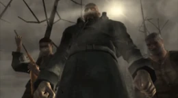 Méndez y sus hombres observando a una inconsciente Ada Wong