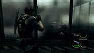 Chris Redfield observing Lickers through a window.