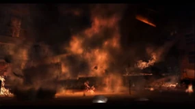 El camión vuela en pedazos