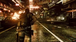 Redfield percorrendo Lanshiang em meio ao ataque bioterrorista da Neo Umbrella.
