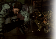 Chris Redfield dodging the Strelac's attack.