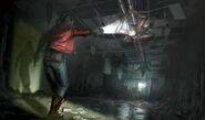 Concept art of Claire aiming a flashlight at a Licker on the ceiling