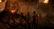 Leon facing a zombie horde in the streets of Tall Oaks