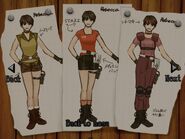 Concept art for Rebecca's alternate costumes in the remake.