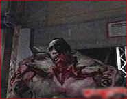 One of the most familiar and iconic frames from the past, and a well known Biohazard 1.5 footage. In the Footage, Birkin says "Sherry!", the only time he had ever been known to talk. Since 1.5 was scrapped, he hadn't been heard speaking canonically, till the remake of Resident Evil 2.