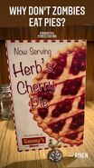 A tabletop sign advertising 'Herb's Cherry Pie' at Emmy's Diner.