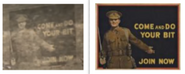 (left) A hand-painted recruitment sign as seen during the Manchester level. (right) The real-life counterpart that was used during the First World War. It was made in 1915 and was published by the Parliamentary Recruiting Committee.