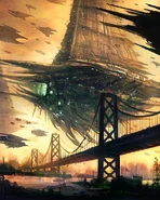 Key illustration of the Chimeran fleet invading San Francisco.