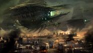 Concept art showing the Chimeran Fleet attacking New York City.