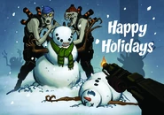 The 2006 Holiday Card, designed by Insomniac Games to celebrate the release of Resistance: Fall of Man and the PlayStation 3. It features two Hybrids building a "Hybrid snowman".