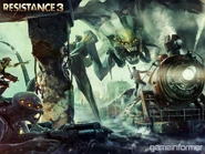 Official artwork for Resistance 3 featuring a Widowmaker on Game Informer Issue #211.