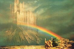 Asgard and Bifrost in interpretation of Otto Schenk in Wagner's Das Rheingold